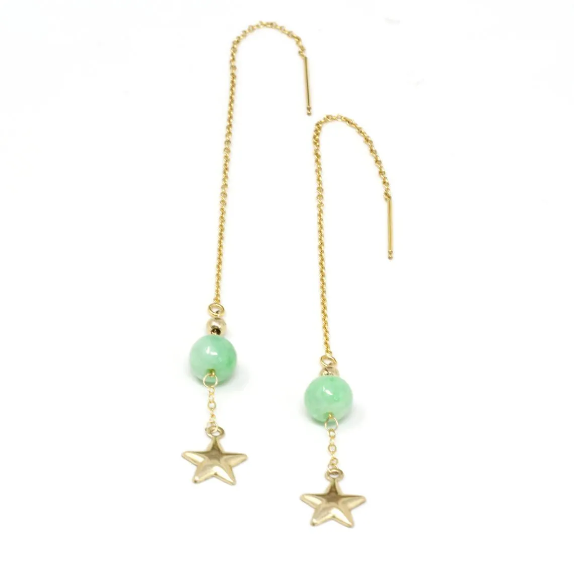 RealJade® "You are the brightest star to me" 14K Royal Yellow Gold Genuine Jade Jadeite Beads and Gold Star Longer Earrings #E11