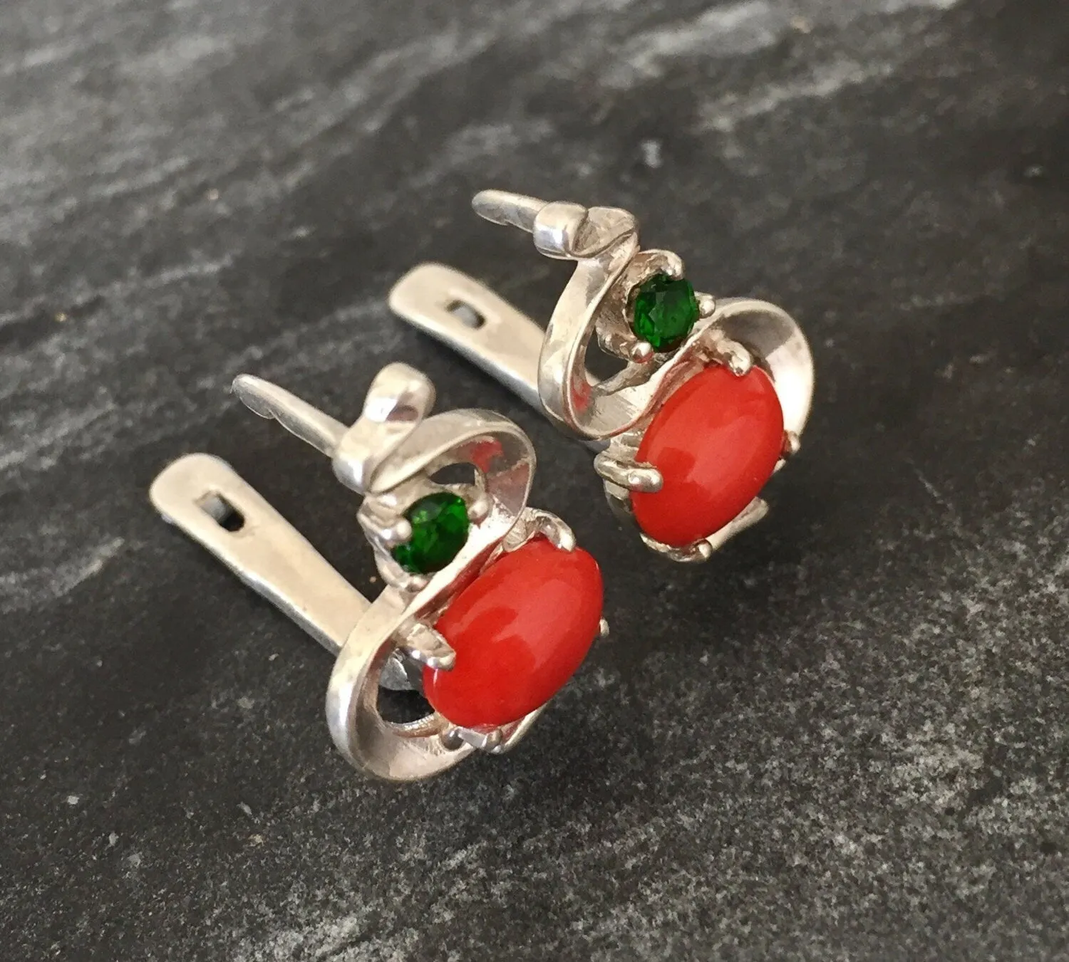 Red Coral Earrings - Wave Silver Earrings - Chrome Diopside Earrings