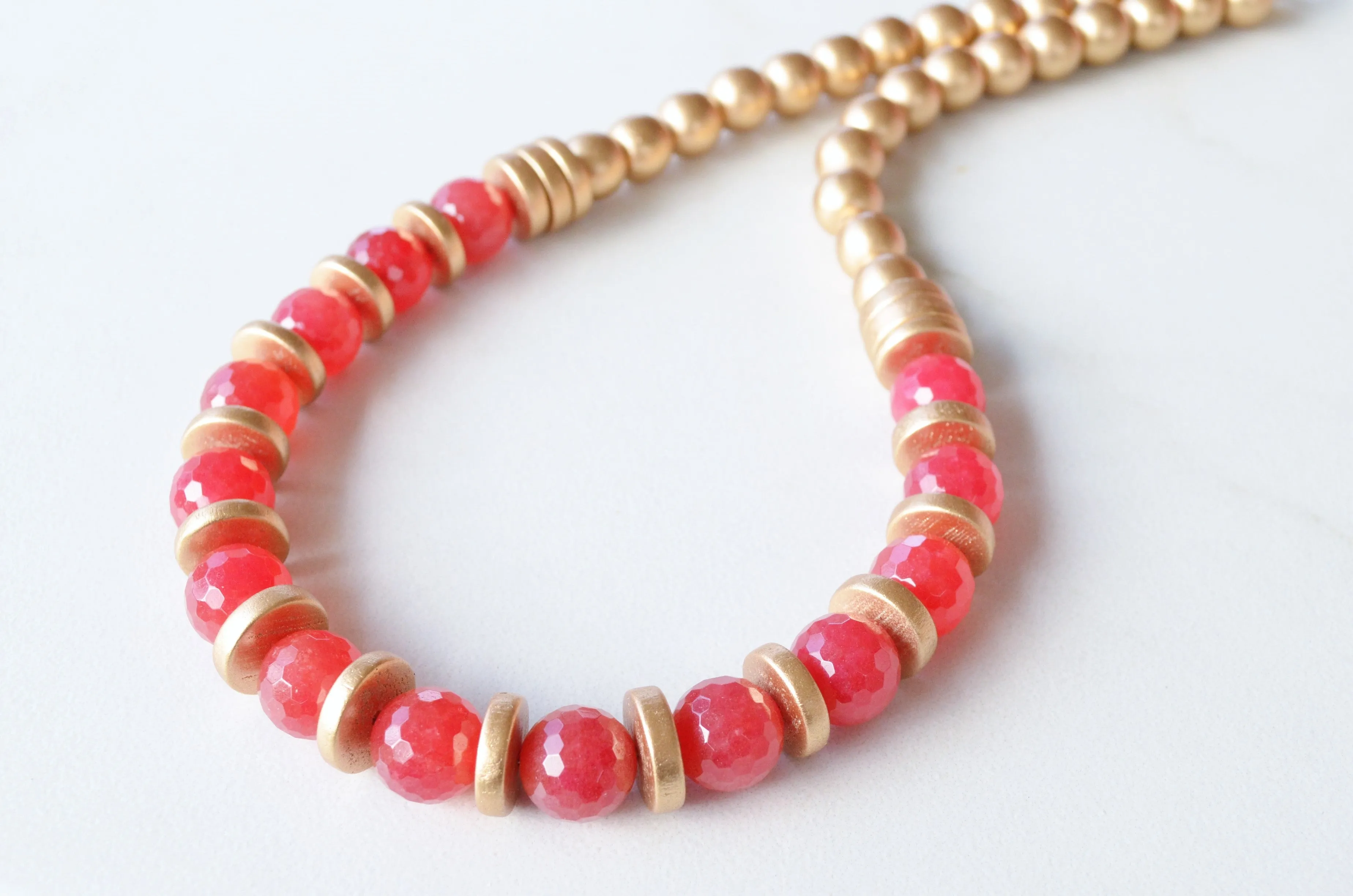 Red Gold Statement Long Beaded Chunky Jade Necklace - Mollie