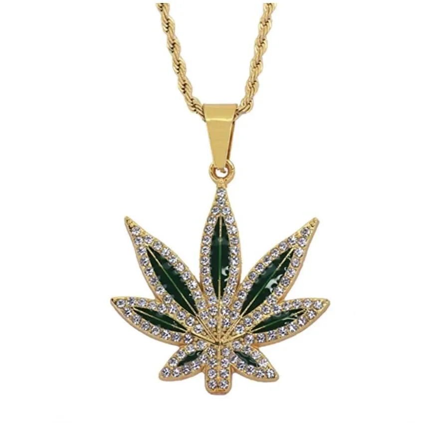 Red Leaf 420 Chain Weed Necklace Diamond Pendant Hip Hop Rapper Green Marihuana Chain Gold Silver Color Metal Alloy 24in