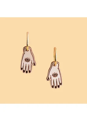 Robin Valley - Lucky Hamsa Palm Cherry Wood Hoop Earrings