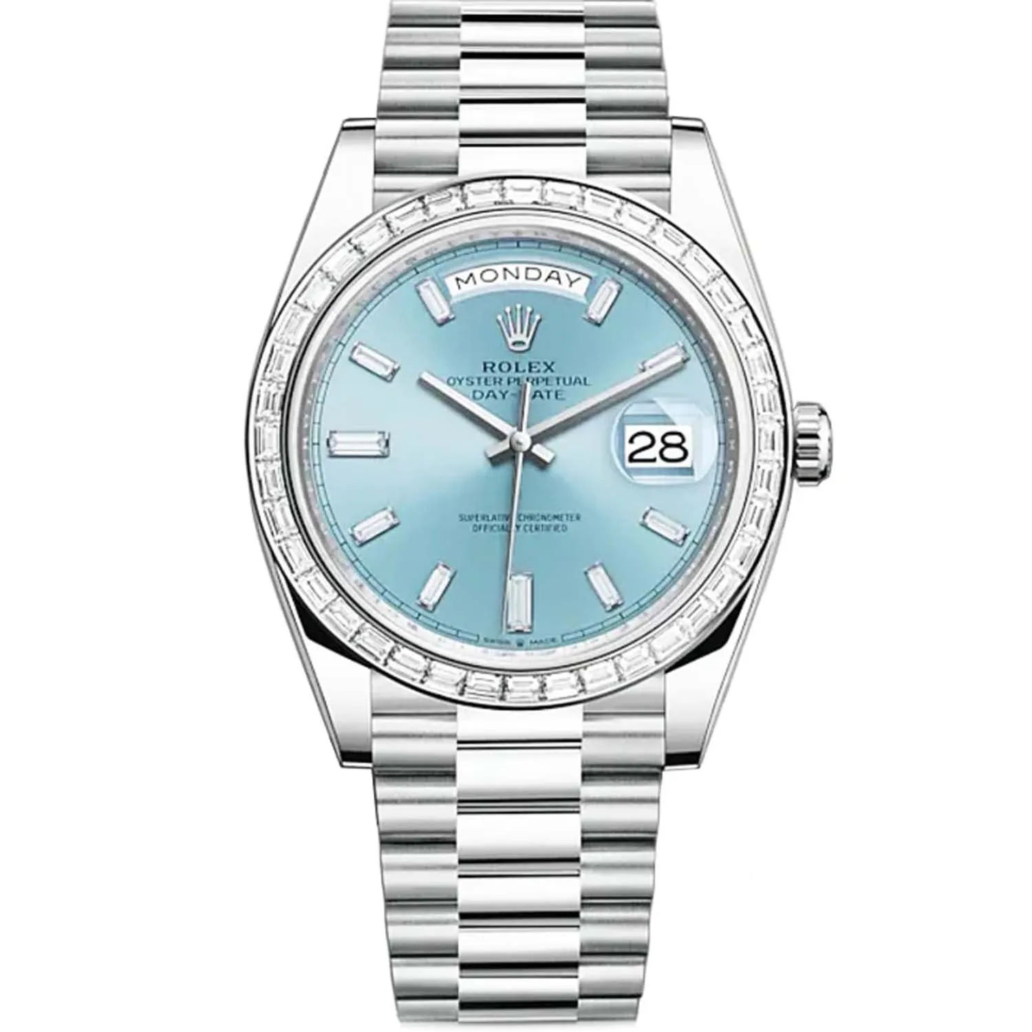 Rolex Day-Date 40 Platinum Diamond Bezel Ice Blue Diamond Dial 228396TBR