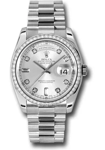 Rolex Platinum Day-Date 36 Watch -  Bezel - Silver Diamond Dial - President Bracelet - 118346 sdp