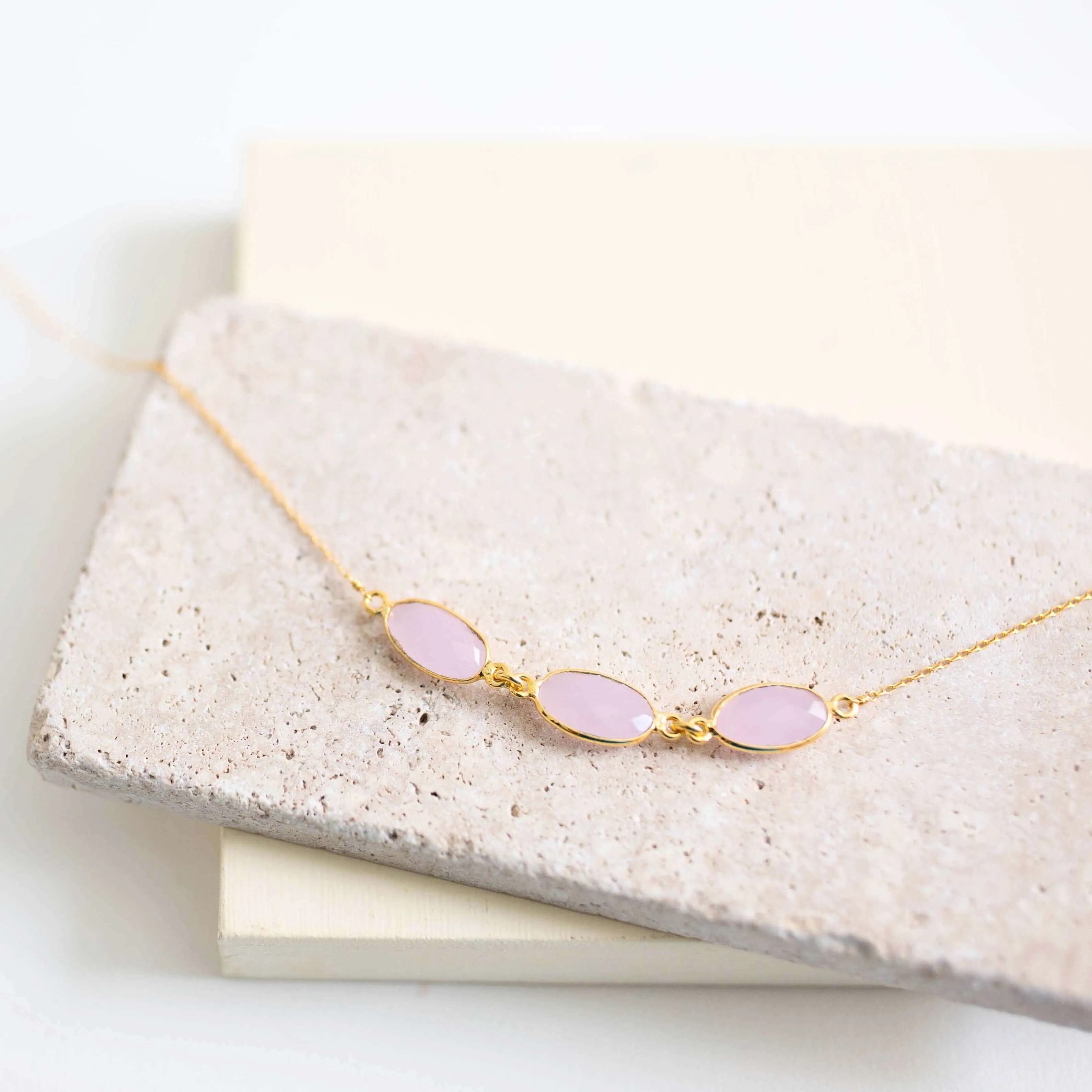 Rose Quartz 3-Bezel Necklace