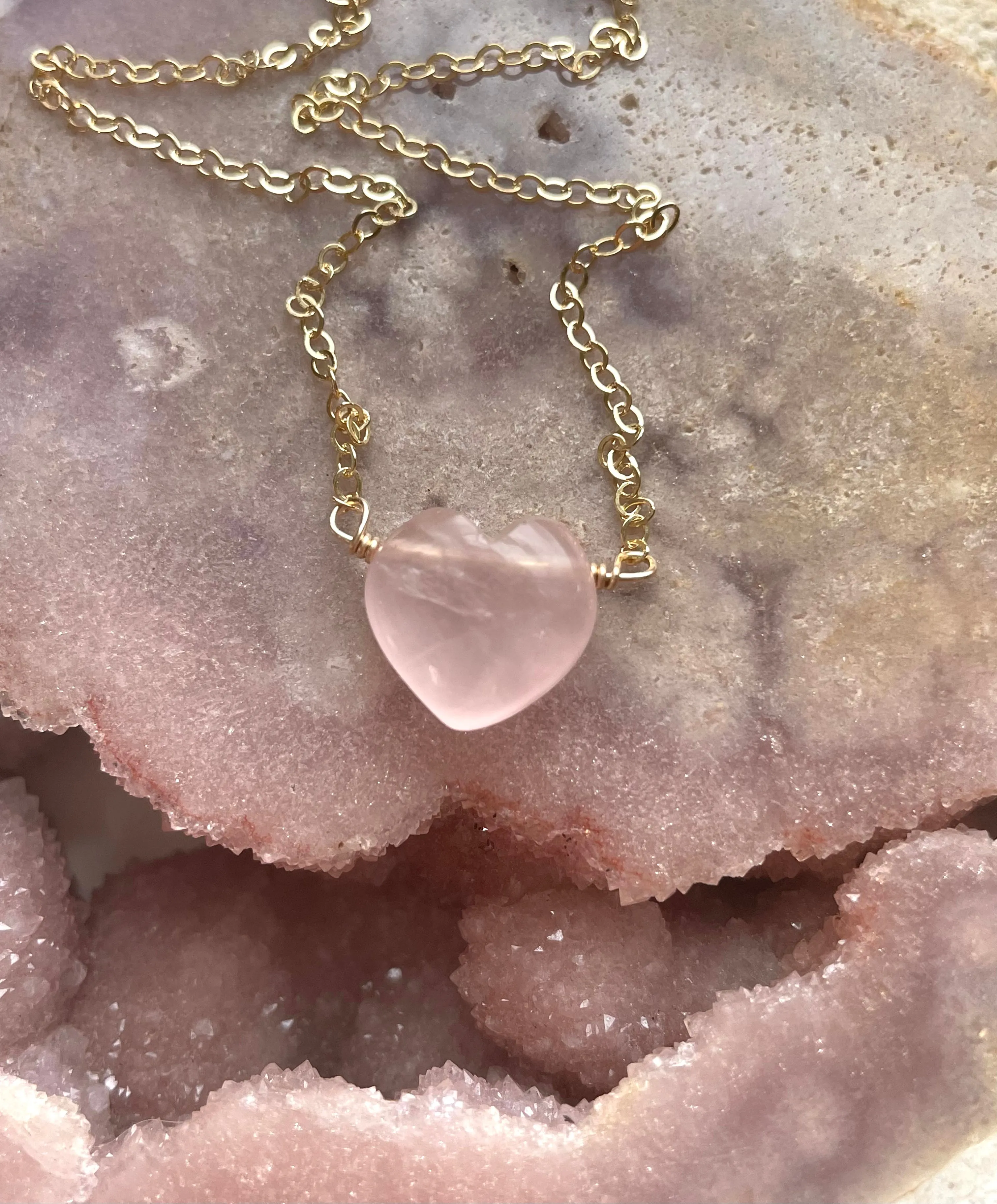 Rose Quartz Heart Shaped Crystal Healing Necklace Silver or Gold Filled