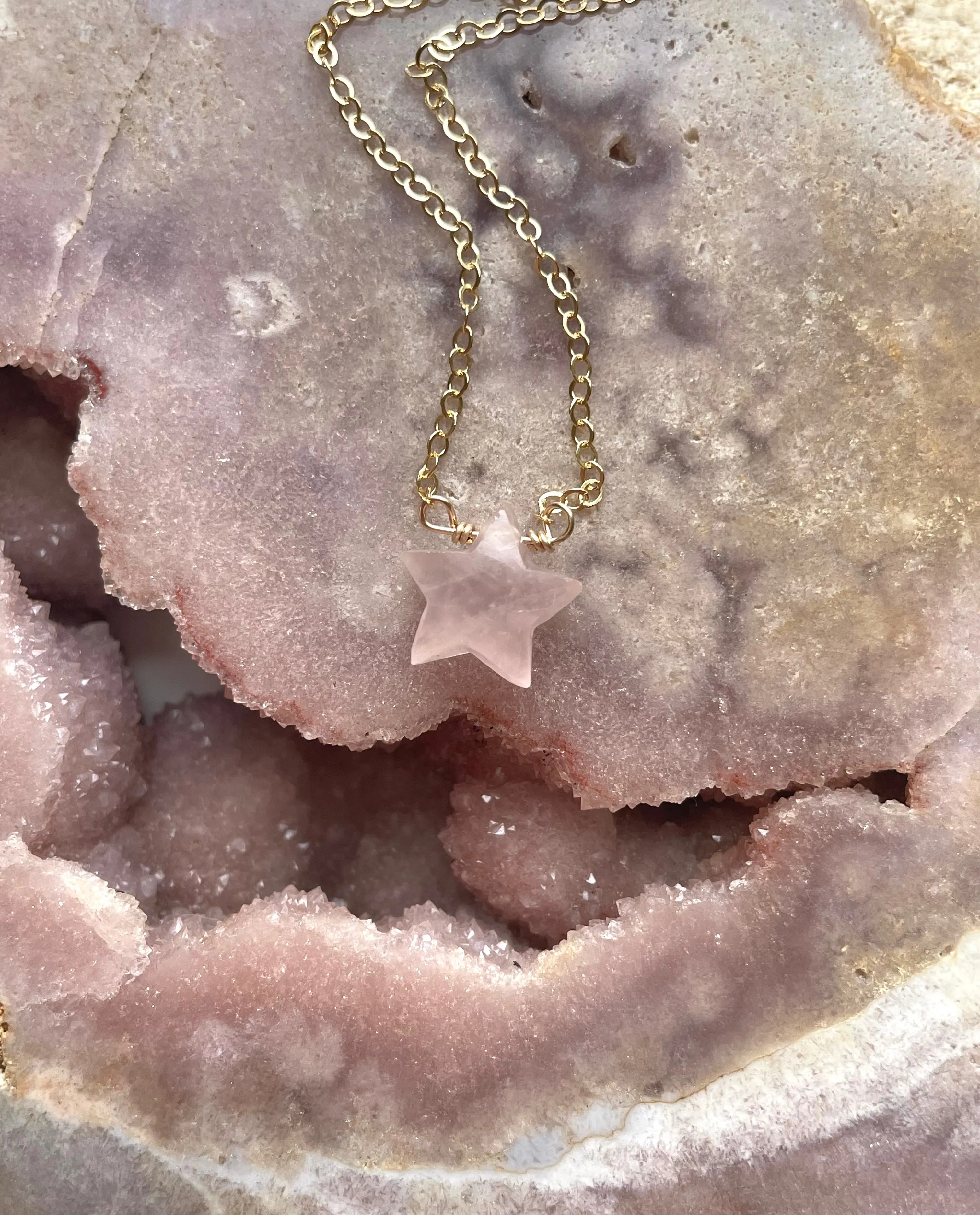 Rose Quartz Star Shaped Crystal Healing Necklace Silver or Gold Filled