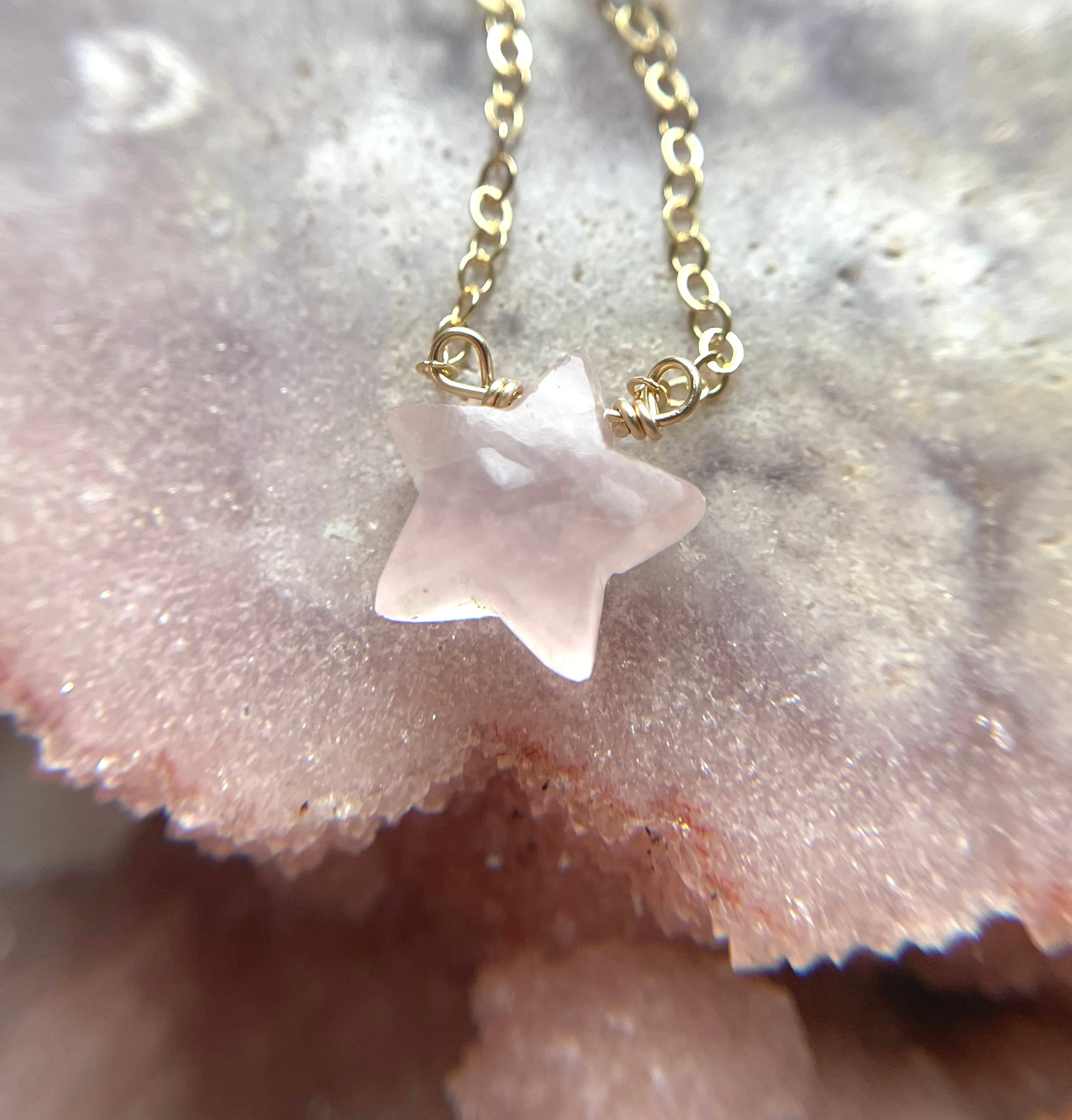 Rose Quartz Star Shaped Crystal Healing Necklace Silver or Gold Filled