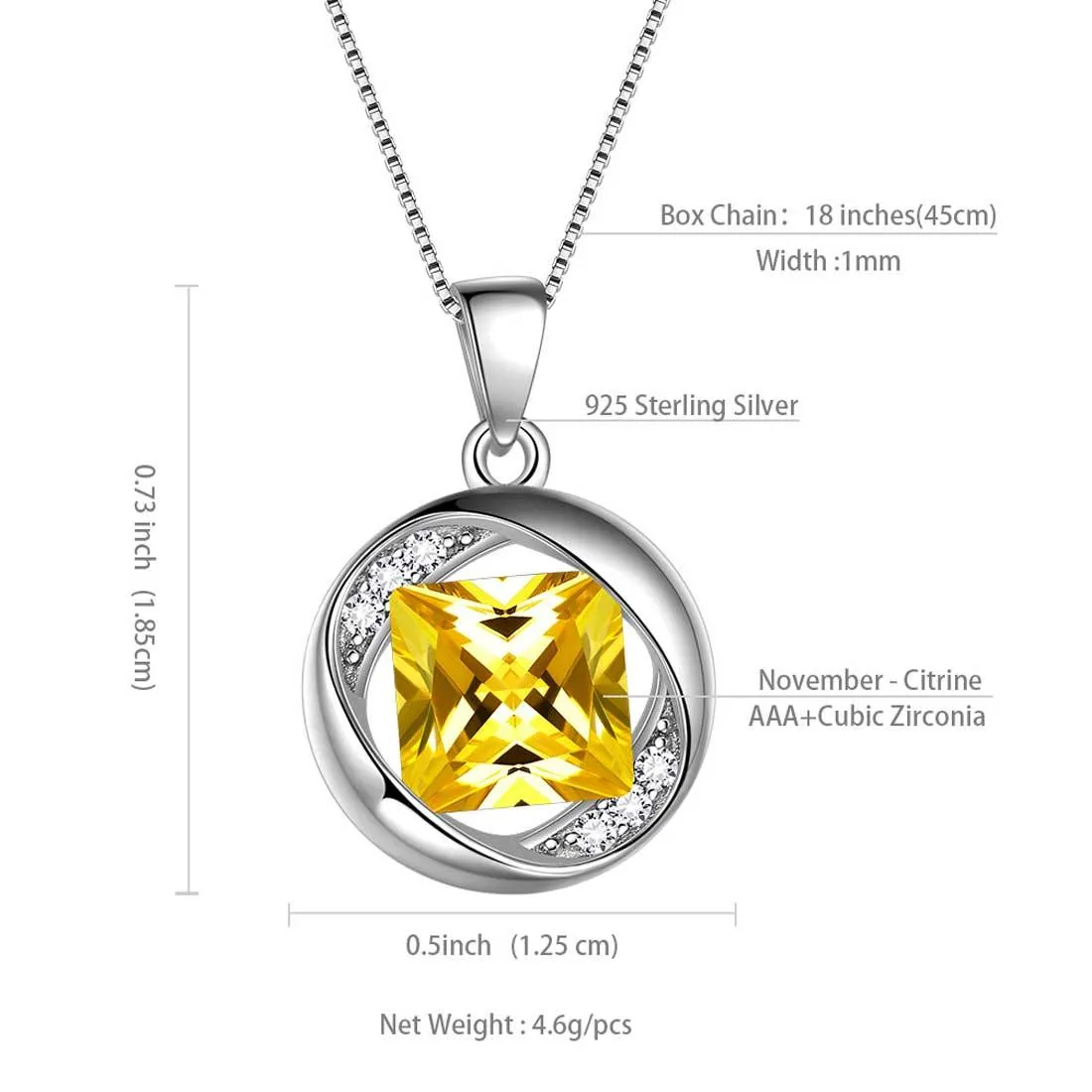 Round Birthstone November Citrine Necklace Pendant Women Girls Jewelry Birthday Gift