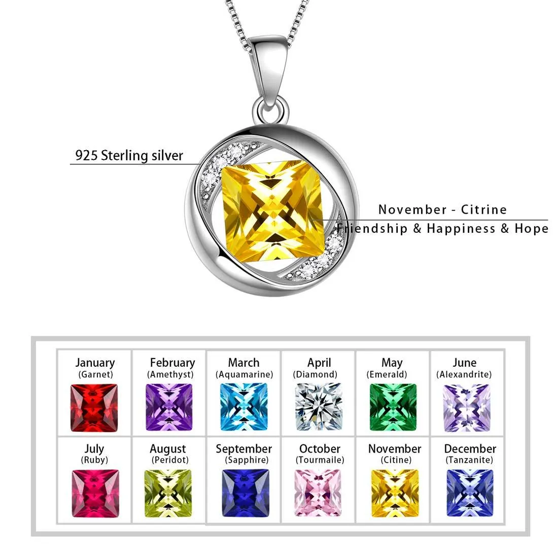 Round Birthstone November Citrine Necklace Pendant Women Girls Jewelry Birthday Gift