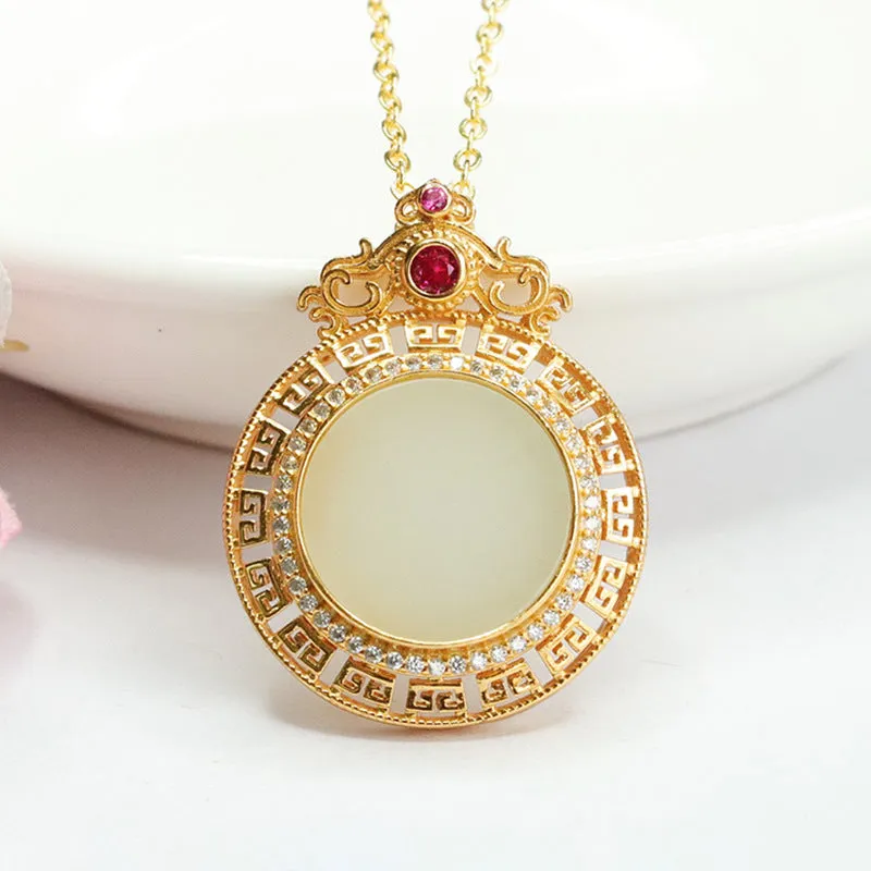 Round Hollow Hetian Jade Pendant Necklace in 925 Sterling Silver