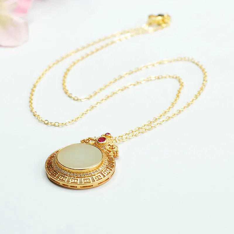 Round Hollow Hetian Jade Pendant Necklace in 925 Sterling Silver