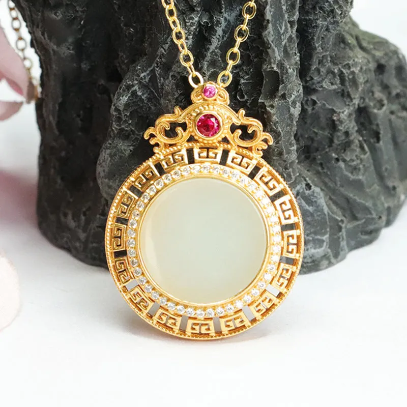 Round Hollow Hetian Jade Pendant Necklace in 925 Sterling Silver