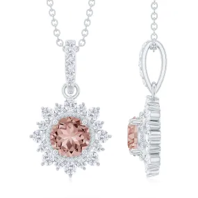 Round Morganite and Diamond Halo Pendant Necklace