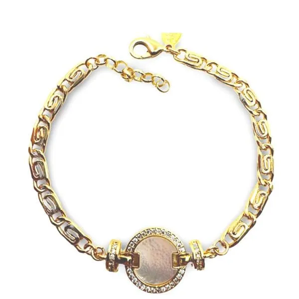 Round Mother of Pearl Charm On 18kt GF Scroll Chain Bracelet (BCG455RND)