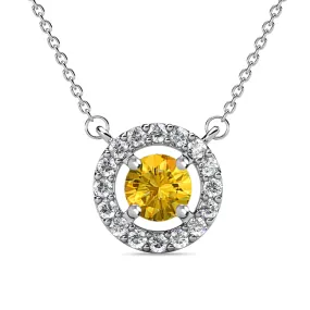 Royal 18k White Gold Plated November Birthstone Halo Necklace with Round Cut Citrine Swarovski Crystals