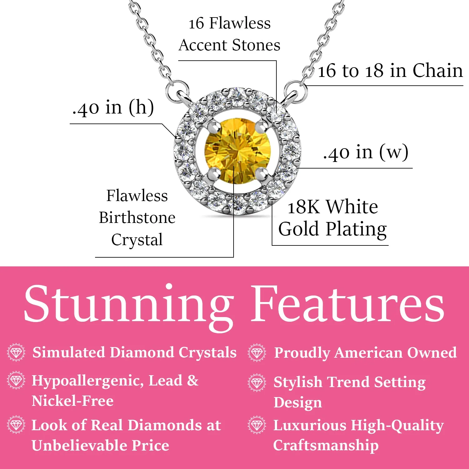 Royal 18k White Gold Plated November Birthstone Halo Necklace with Round Cut Citrine Swarovski Crystals