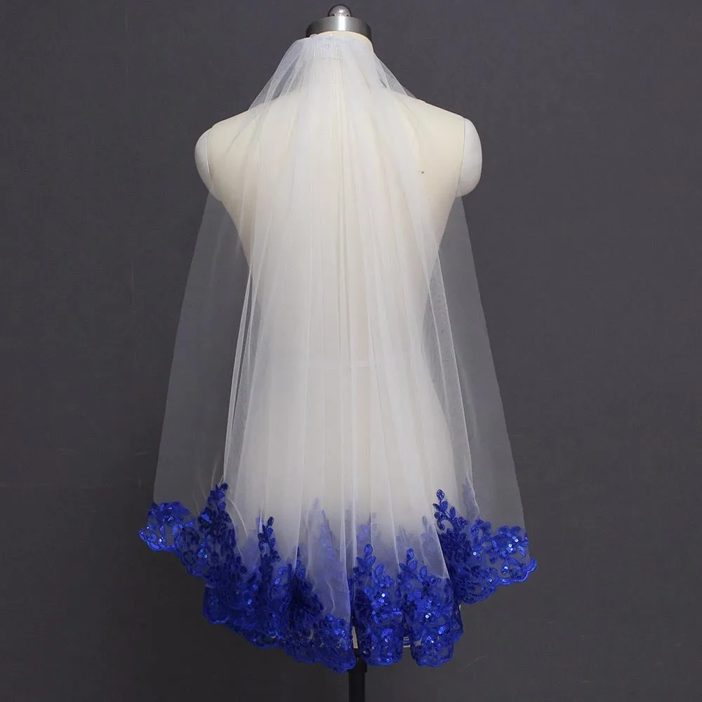 Royal Blue Sequined Lace White Ivory Bridal One Layer Wedding Veil with Comb