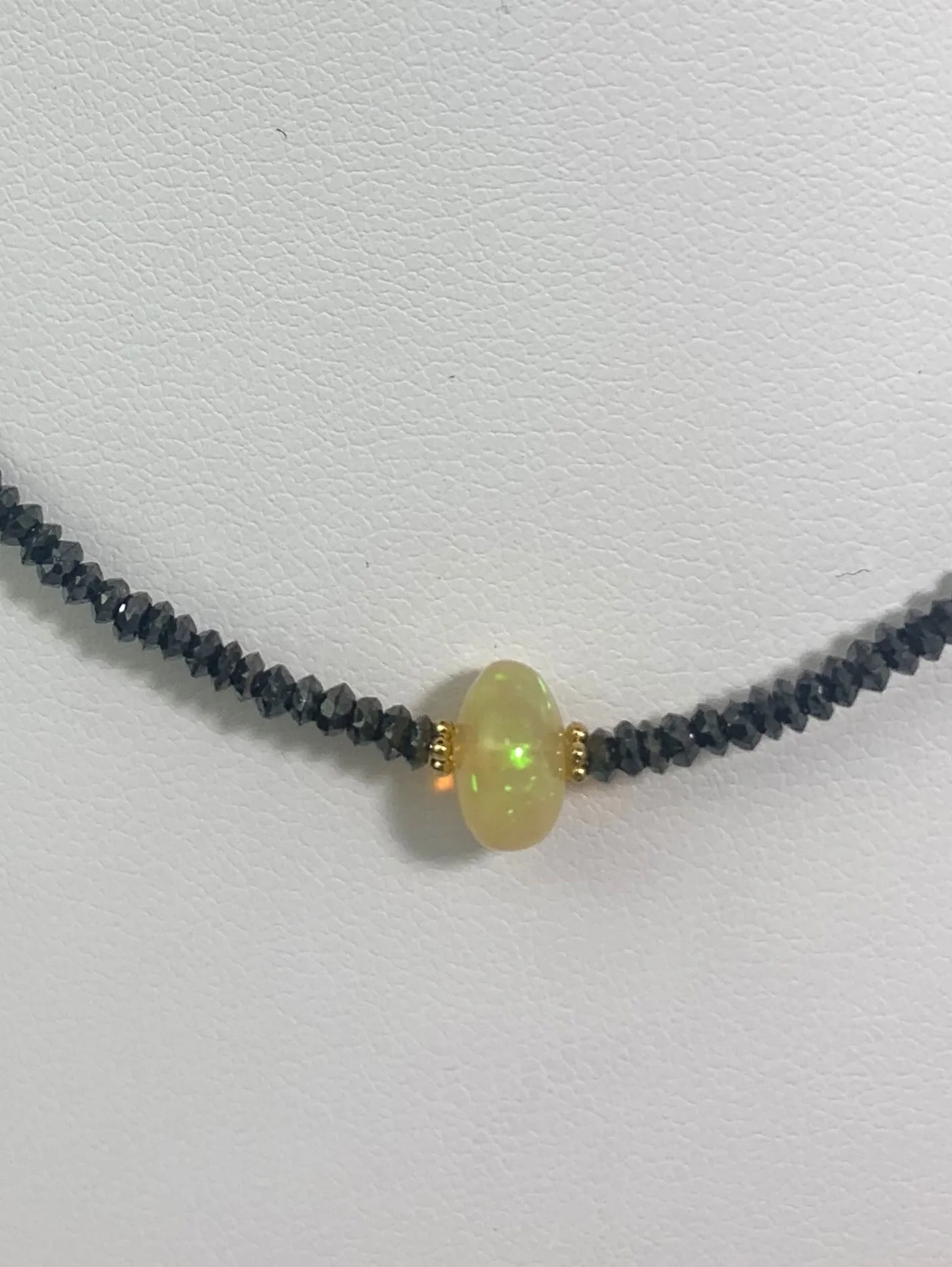 SALE - 17" Black Diamond Necklace with Opal Center  in 14KY - NCK-062-CRDDIAGM14Y-BLKOP-17-05240