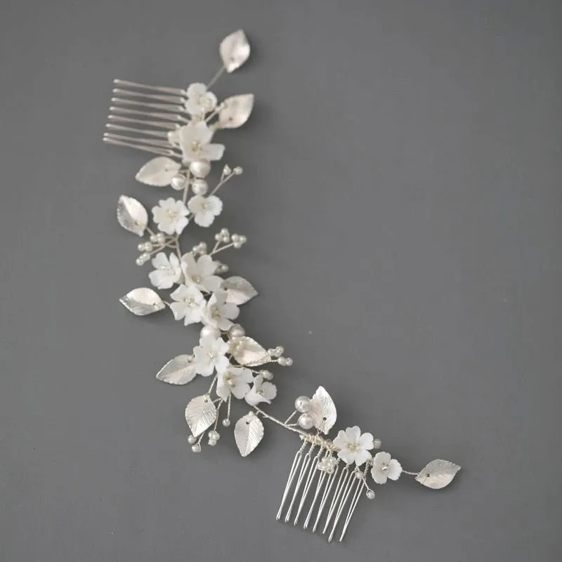 Silver Bridal Hair Comb White Porcelain Flower Wedding Headpiece