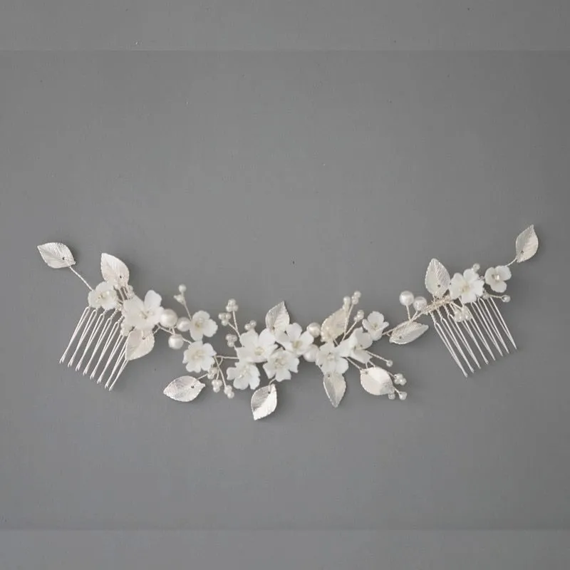 Silver Bridal Hair Comb White Porcelain Flower Wedding Headpiece