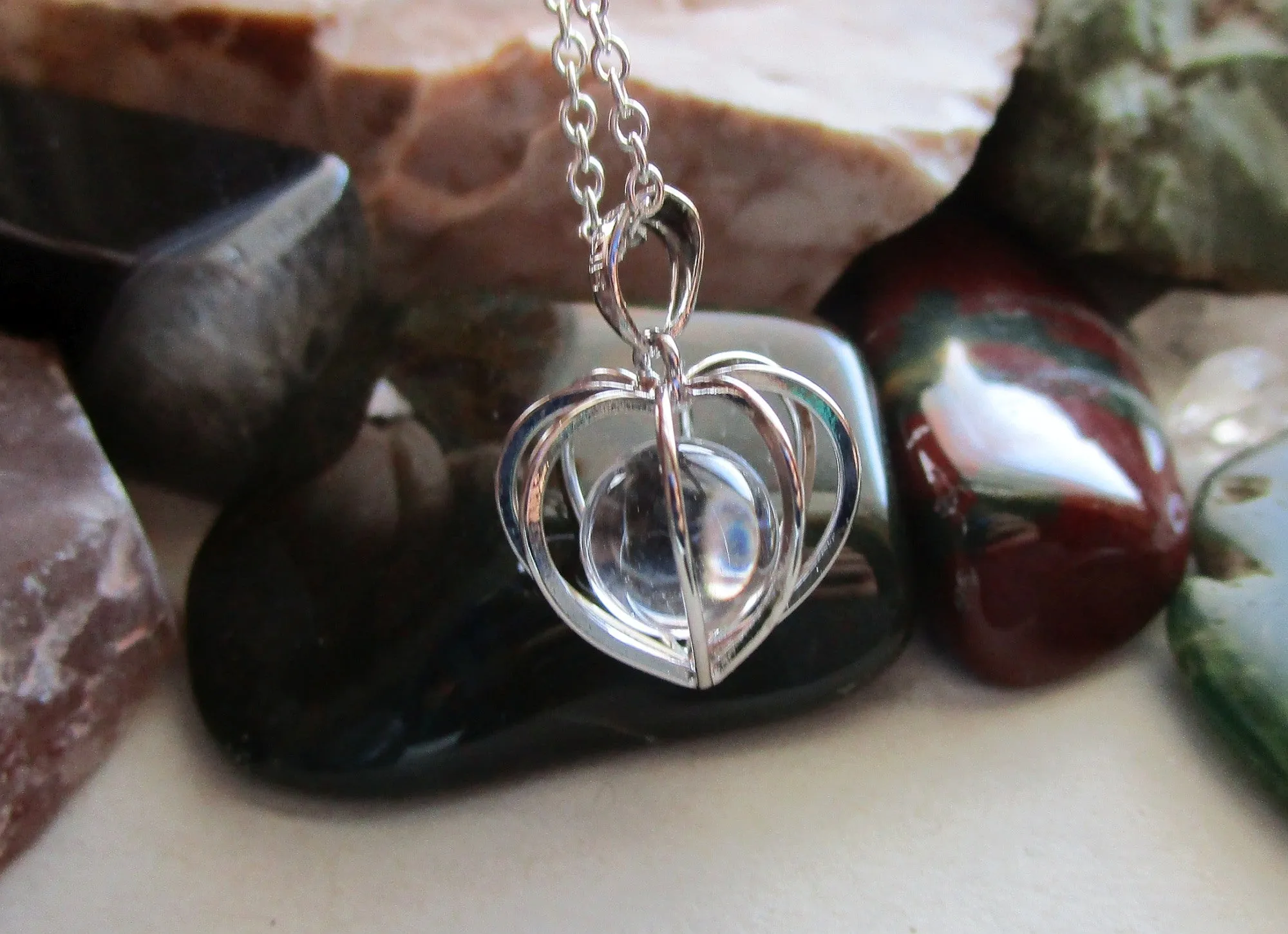 Silver Heart Cage Quartz Crystal Ball Pendant Necklace