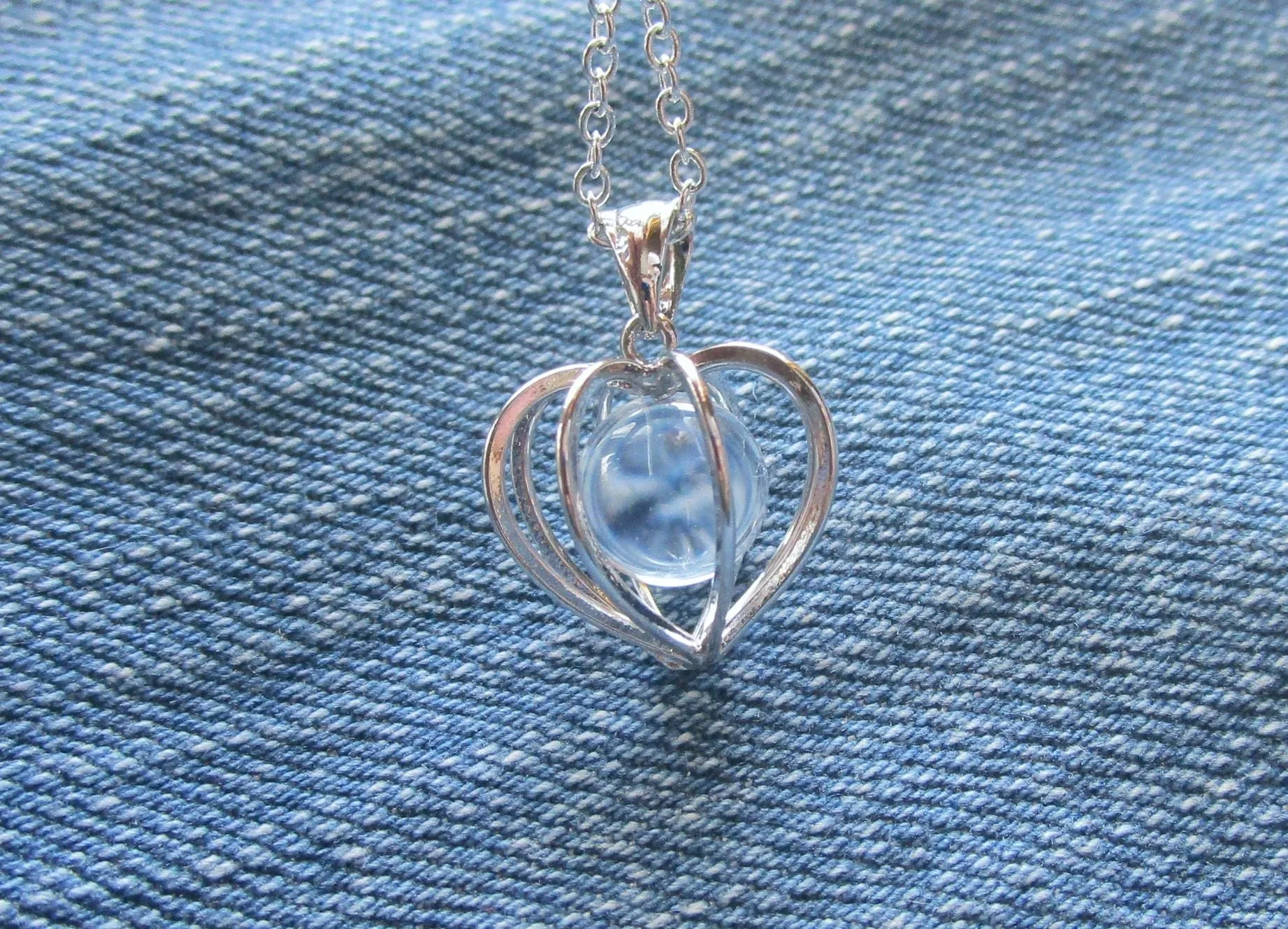 Silver Heart Cage Quartz Crystal Ball Pendant Necklace