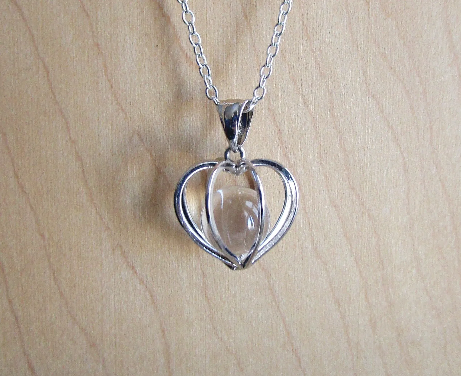 Silver Heart Cage Quartz Crystal Ball Pendant Necklace