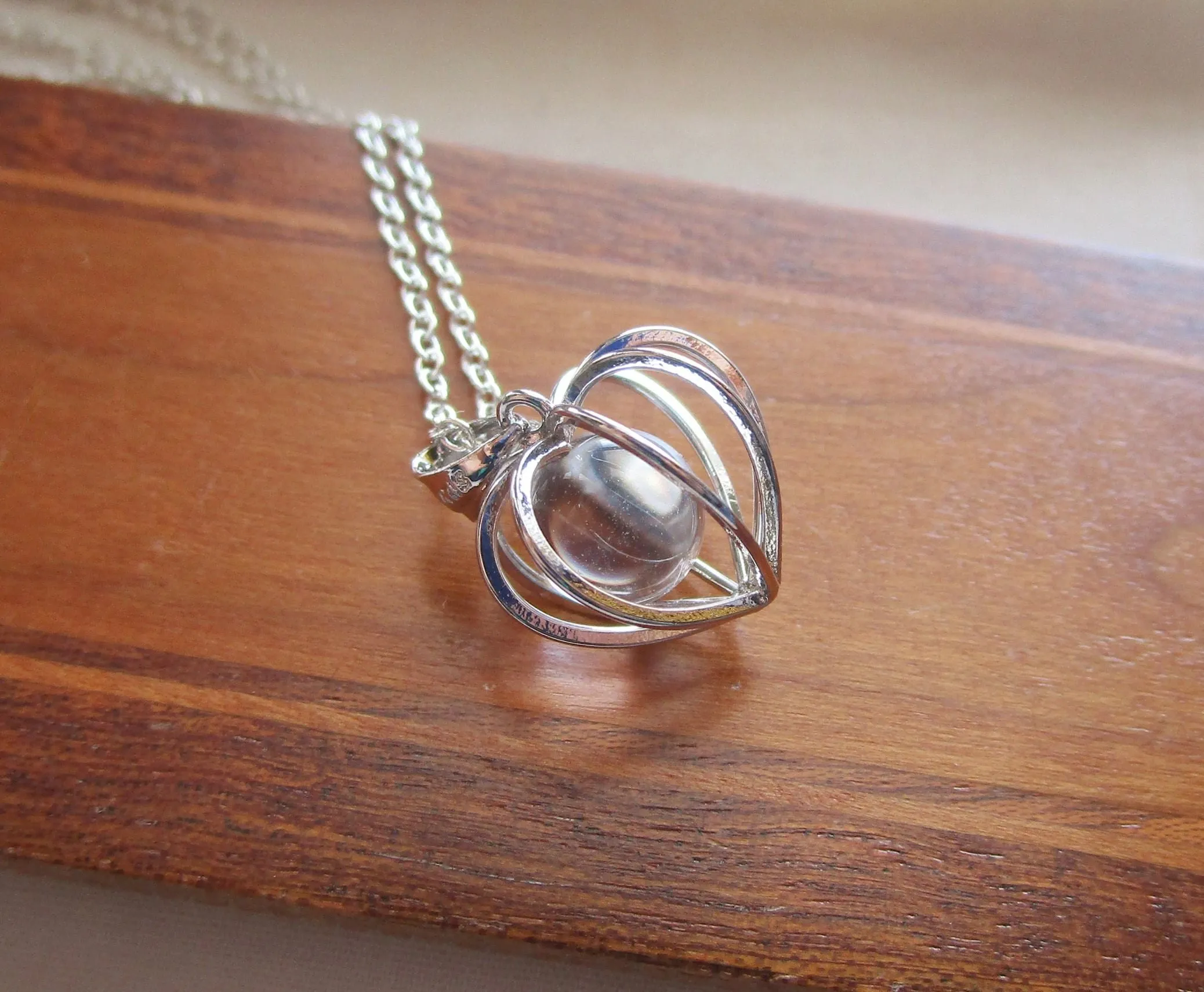 Silver Heart Cage Quartz Crystal Ball Pendant Necklace