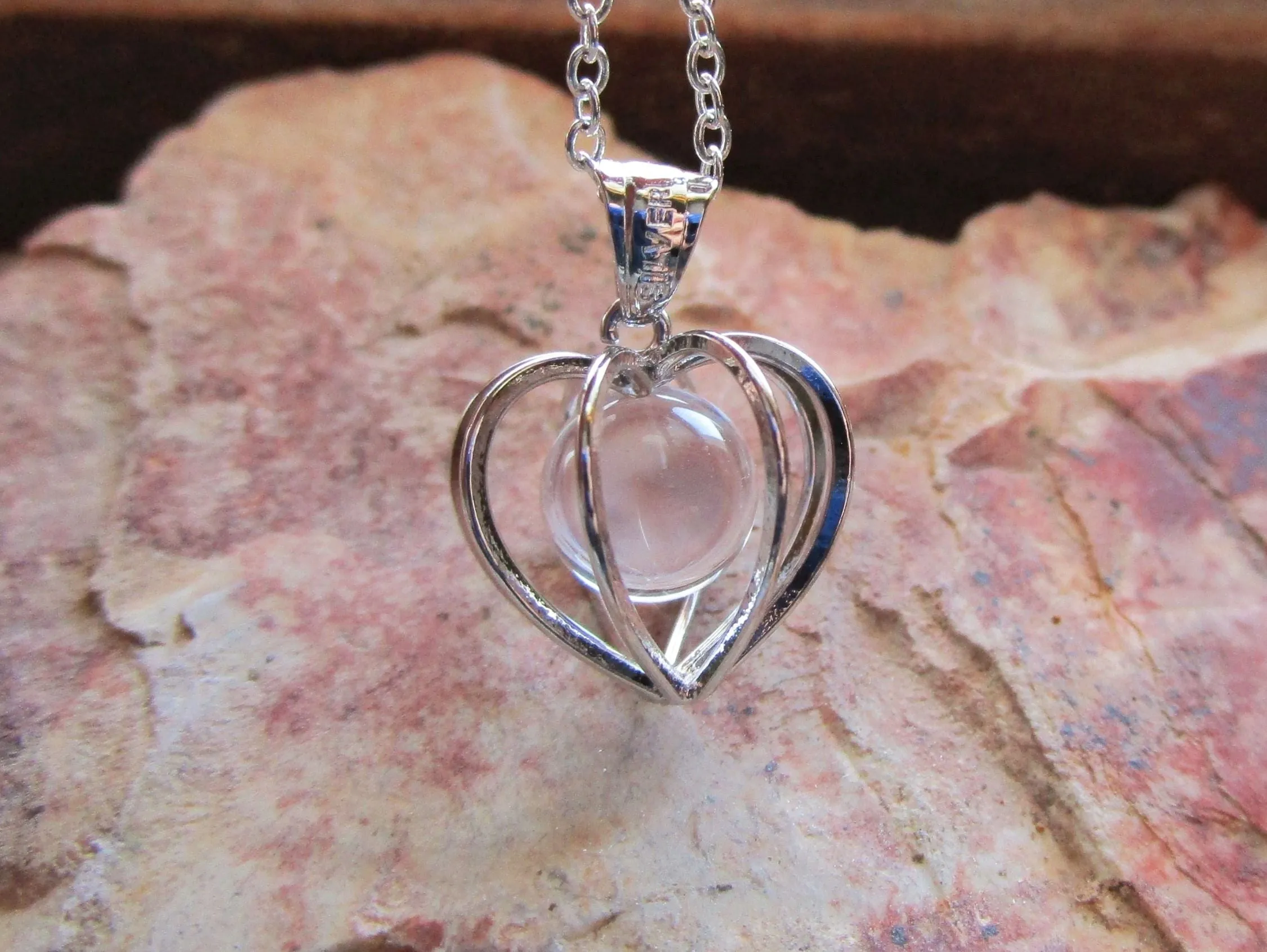 Silver Heart Cage Quartz Crystal Ball Pendant Necklace