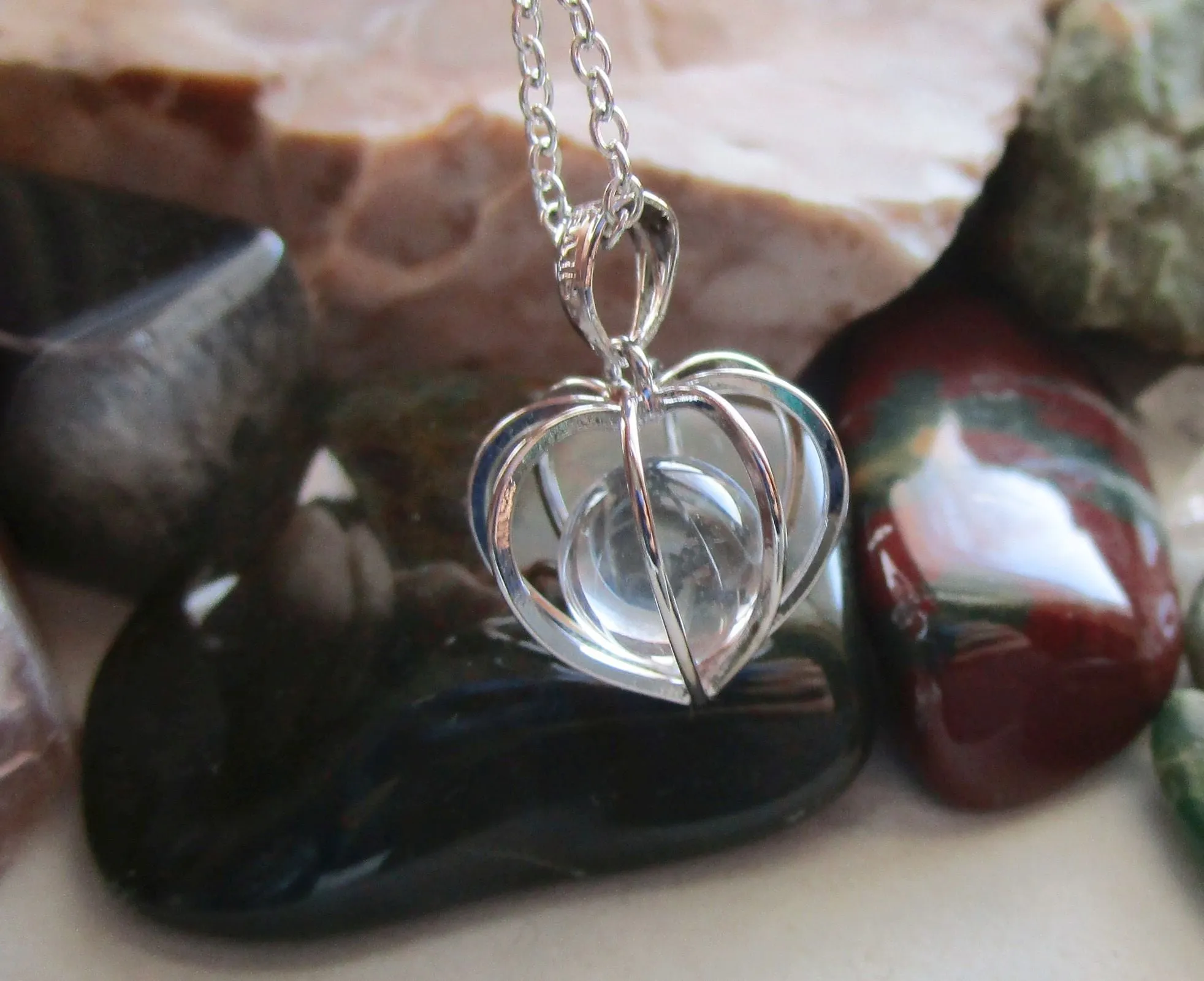 Silver Heart Cage Quartz Crystal Ball Pendant Necklace