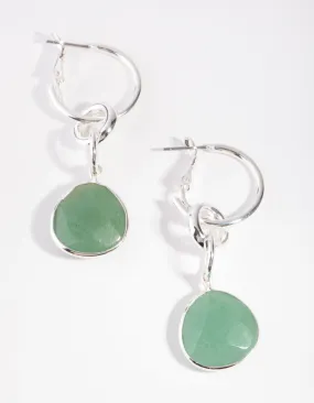 Silver Linked Green Drop Hoop Earrings