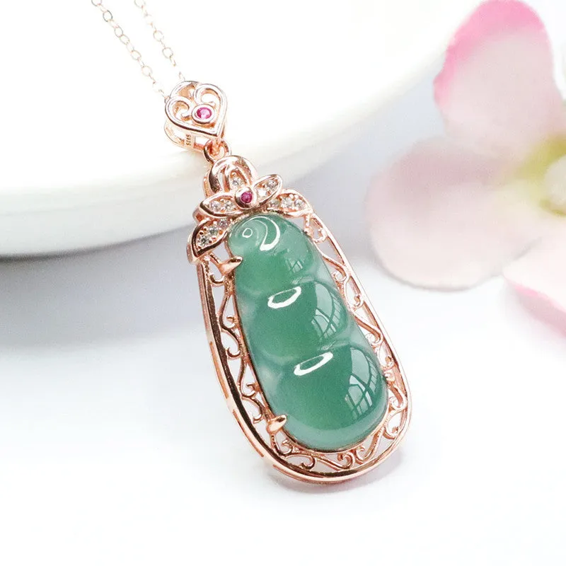 Silver Natural Jade Pendant Ice Blue Green Four Kidney Bean Hollow Necklace