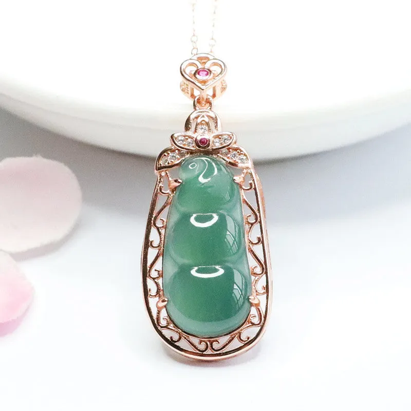 Silver Natural Jade Pendant Ice Blue Green Four Kidney Bean Hollow Necklace