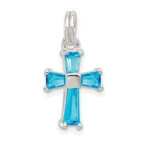 Silver Polished Finish Blue C.Z Cross Pendant