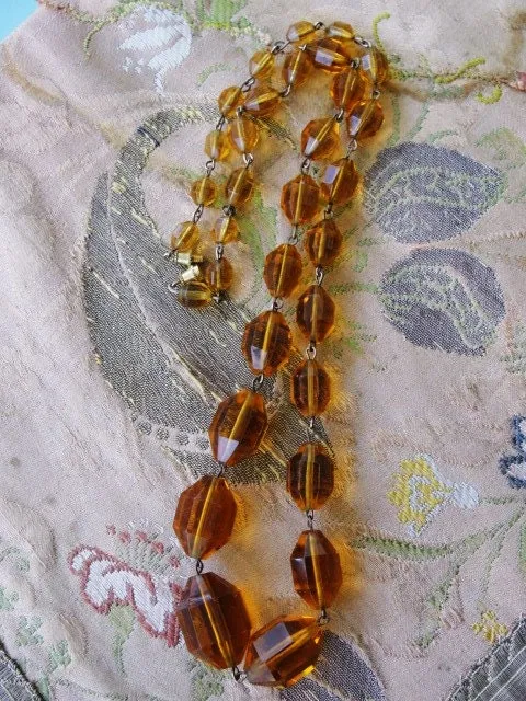 SPARKLING Vintage Art Deco Necklace, Czech Amber Glass Bead Necklace,Dazzling Faceted Beads,Fine Old Costume Jewelry,Collectible Jewelry