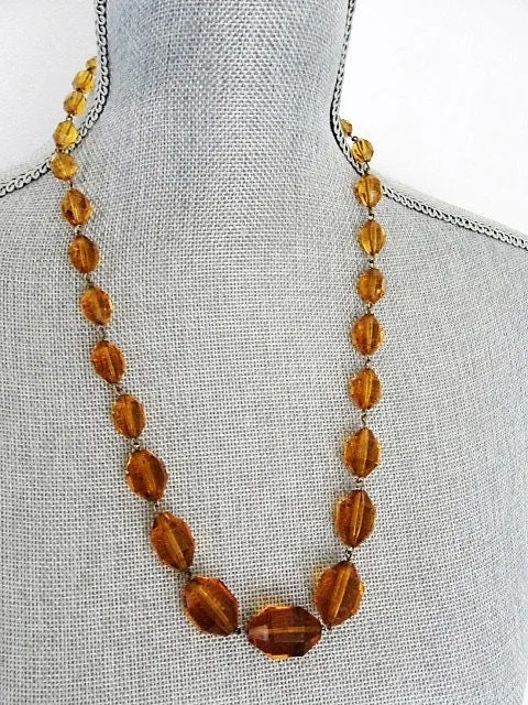 SPARKLING Vintage Art Deco Necklace, Czech Amber Glass Bead Necklace,Dazzling Faceted Beads,Fine Old Costume Jewelry,Collectible Jewelry