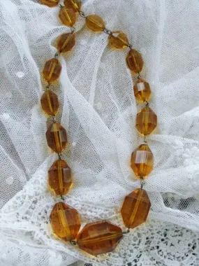 SPARKLING Vintage Art Deco Necklace, Czech Amber Glass Bead Necklace,Dazzling Faceted Beads,Fine Old Costume Jewelry,Collectible Jewelry