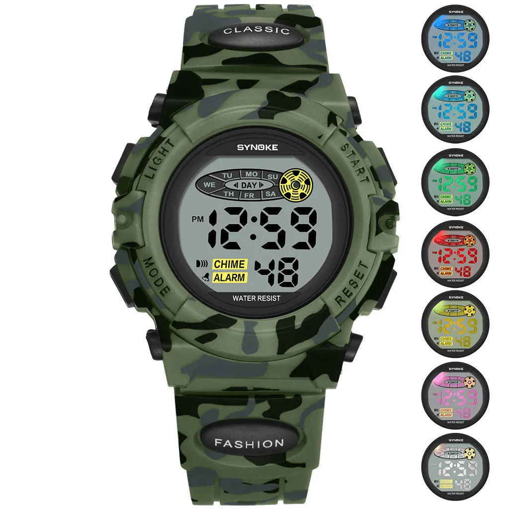 Sports Military Kids Digital Watches Student Children's Watch Fashion Luminous Led Alarm Camouflage Green Boy Clock