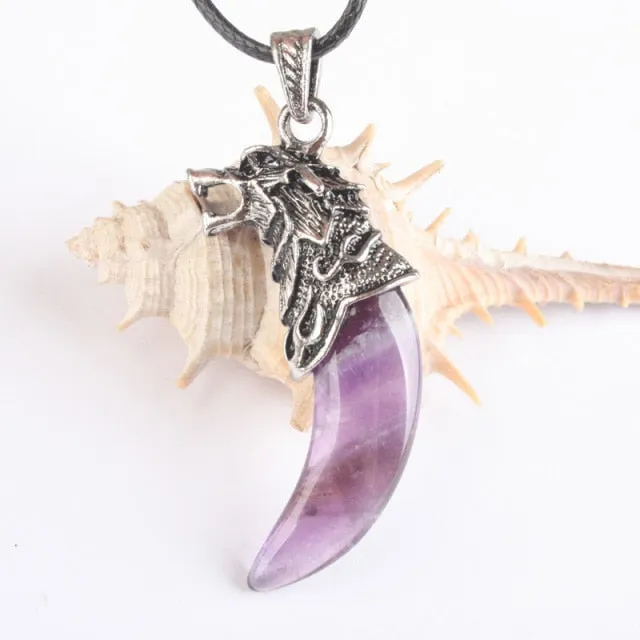 Stainless Steel Natural Stone Wolf Pendant Chain Necklace