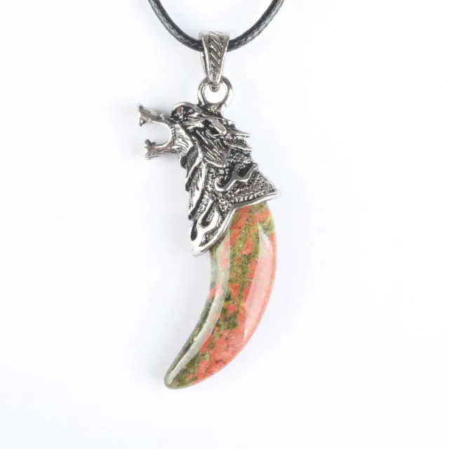 Stainless Steel Natural Stone Wolf Pendant Chain Necklace