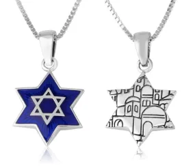 Star David Pendant Sterling Silver Blue Enamel Judaism Jewelry Holy Land Gift