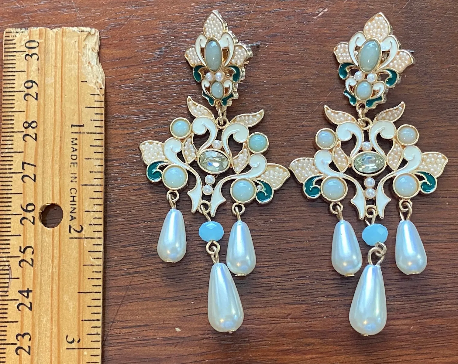 Statement Pageant Faux Pearl Enamel Gold Tone Chandelier Dangly Earrings