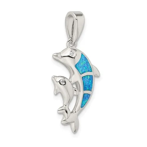 Sterling Silver Blue Inlay Opal Dolphin and Baby Calf Pendant