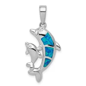 Sterling Silver Blue Inlay Opal Dolphin and Baby Calf Pendant