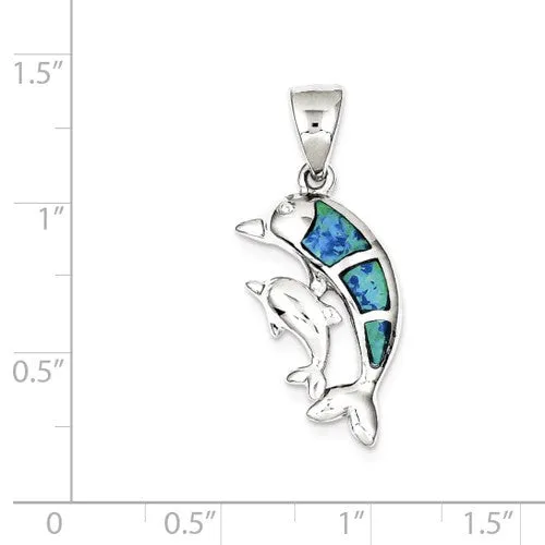 Sterling Silver Blue Inlay Opal Dolphin and Baby Calf Pendant