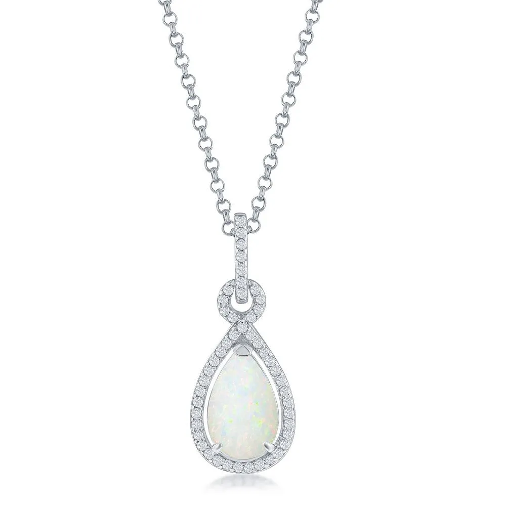 Sterling Silver Created White Opal Pendant with CZ Halo Necklace (97591)