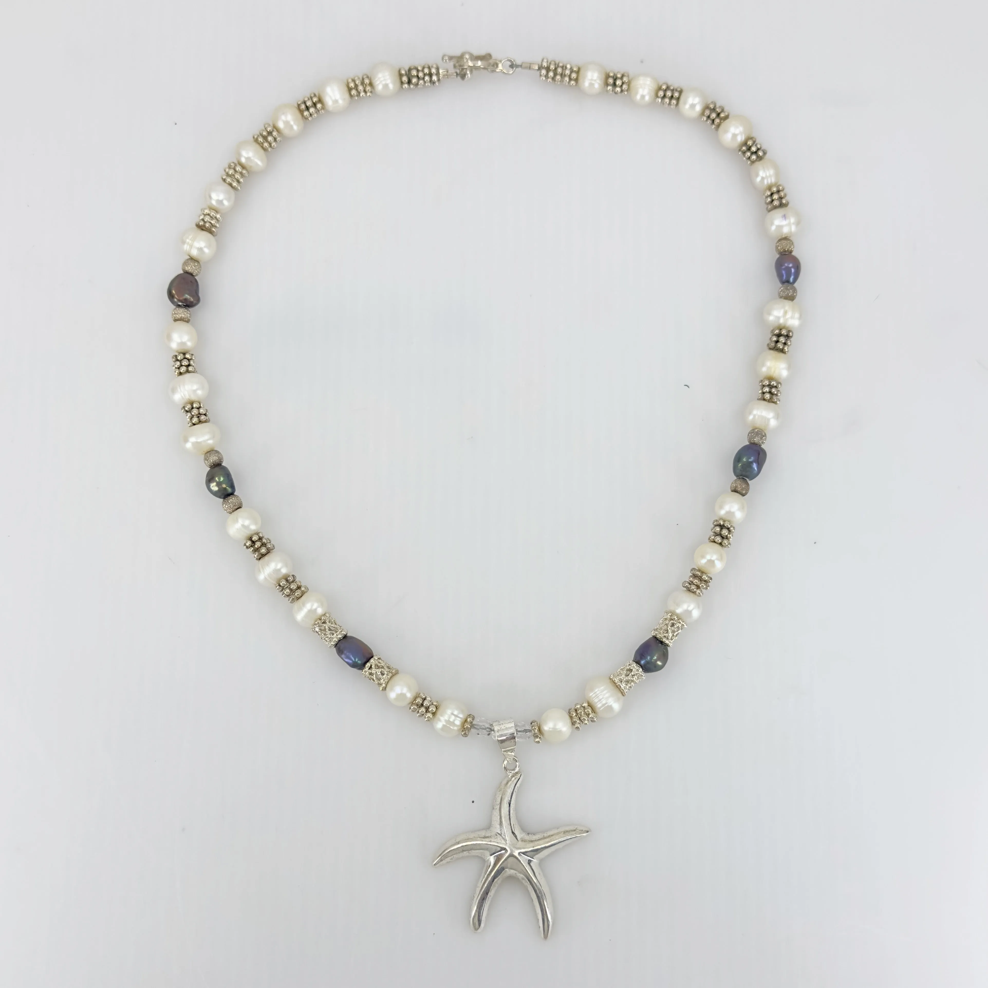 Sterling silver freshwater pearl bead sea star pendant necklace