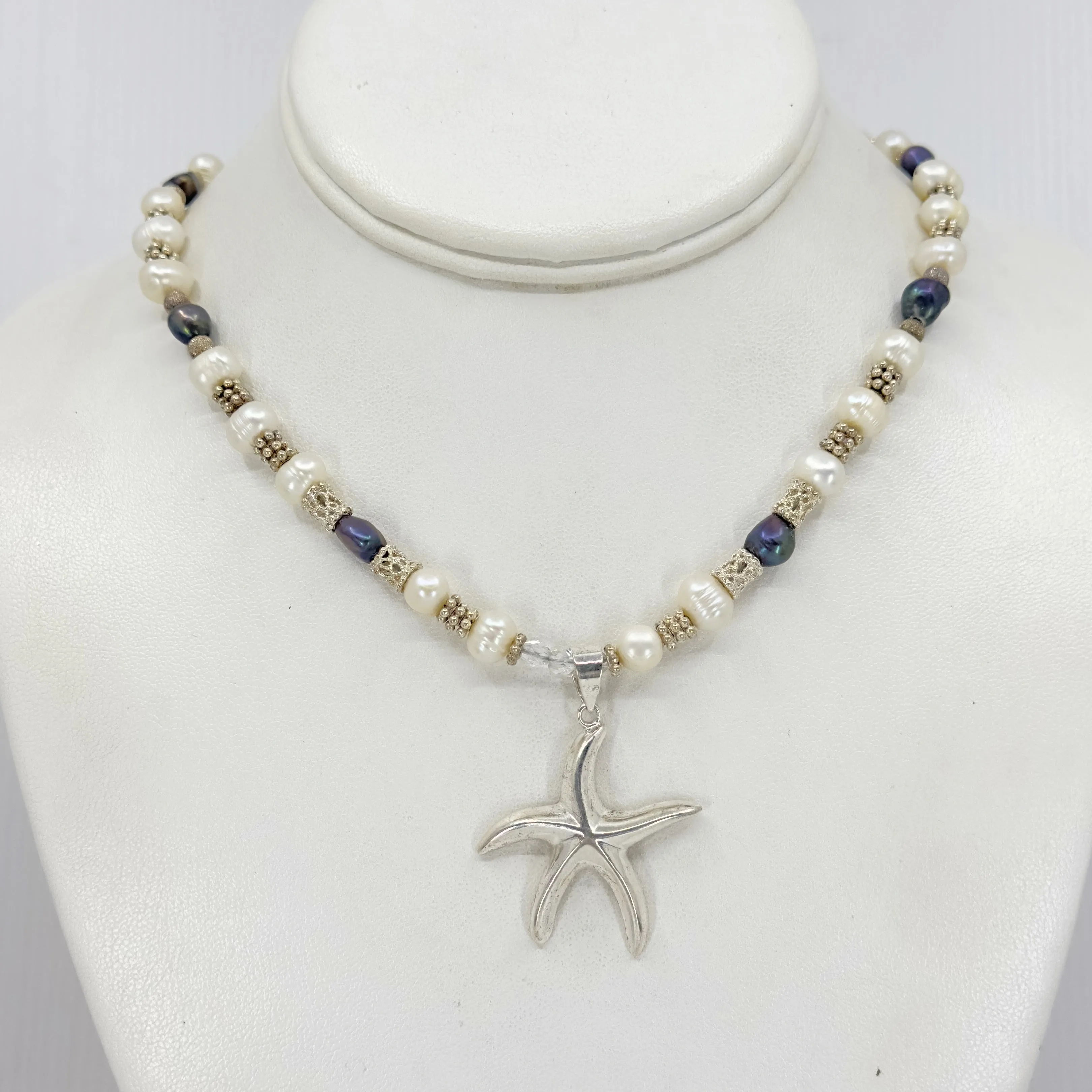 Sterling silver freshwater pearl bead sea star pendant necklace