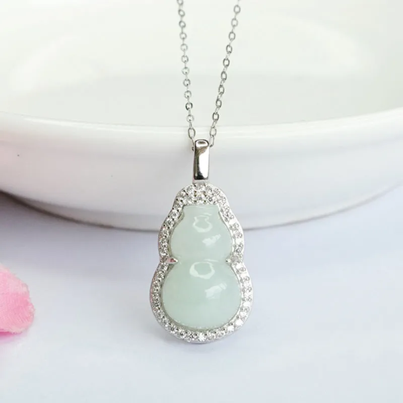 Sterling Silver Gourd Pendant Necklace with Natural Myanmar Jade and Full Zircon