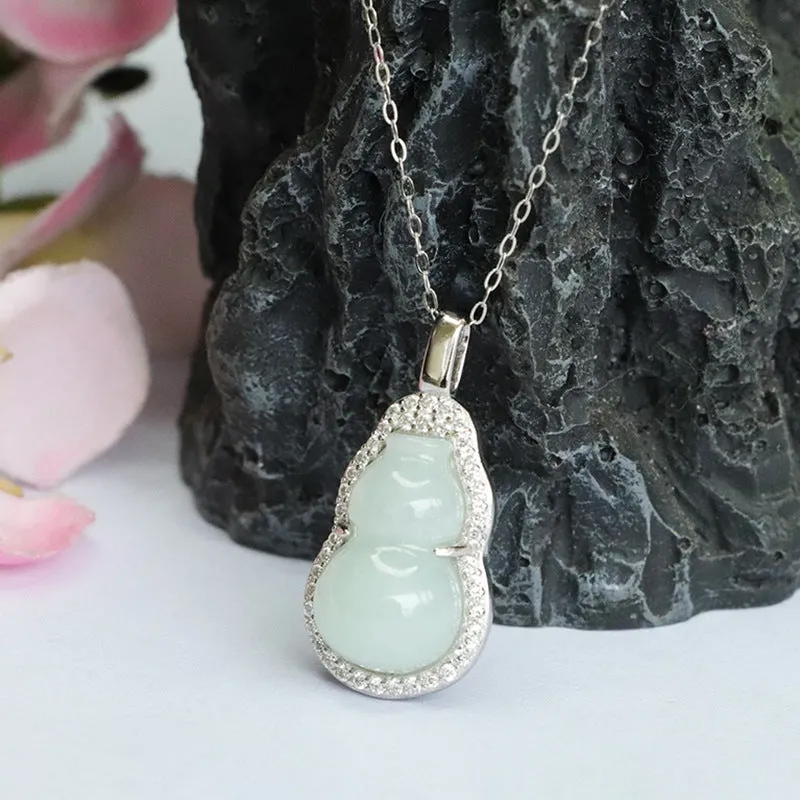 Sterling Silver Gourd Pendant Necklace with Natural Myanmar Jade and Full Zircon